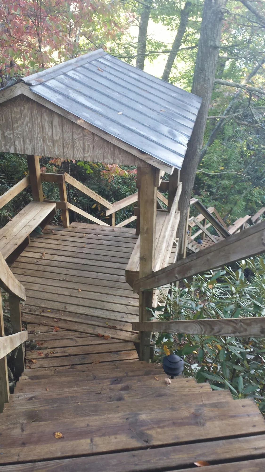 Metal roofed shelter over wooden steps on a wooded walkway — Skylight Repair & Installation work by our crew in Cowan